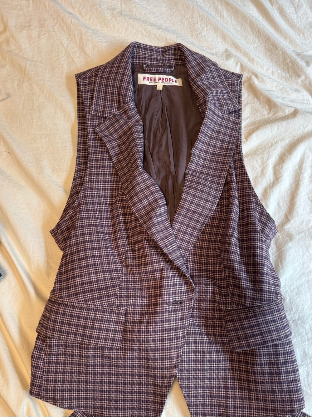 Free People Purple Plaid Tailored Vest with Notch Lapel